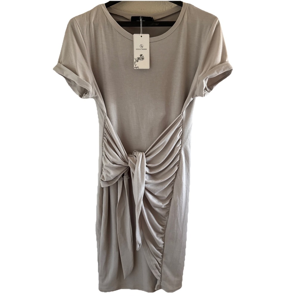 Lillusory Women's Wrap Tie Waist Short Tank Dress Tan Size M Belly SLIMMING NEW